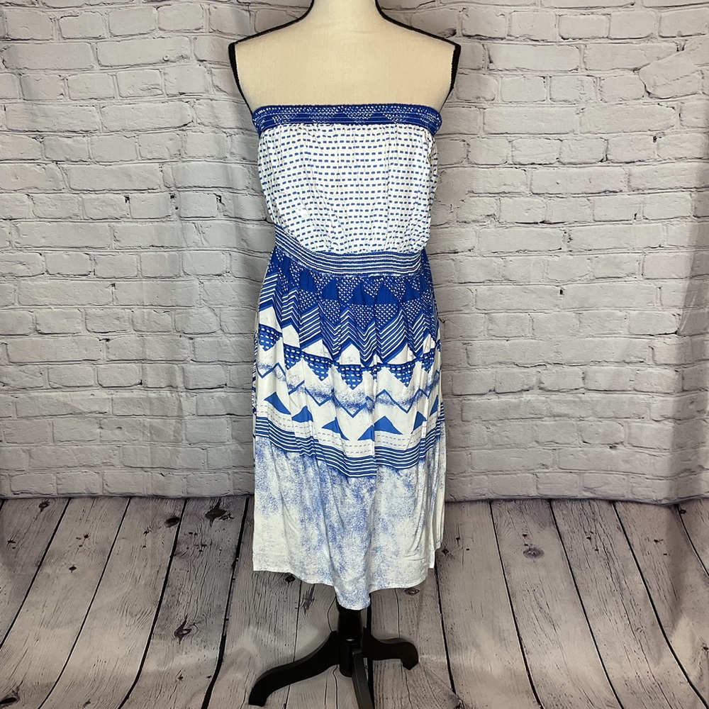 Old Navy Plus Strapless Summer Dress Blue White Tribal Print 1X